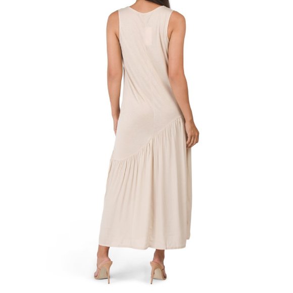 Sleeveless Maxi Long Dress Jewel Neck Womens Beige - Picture 3 of 6